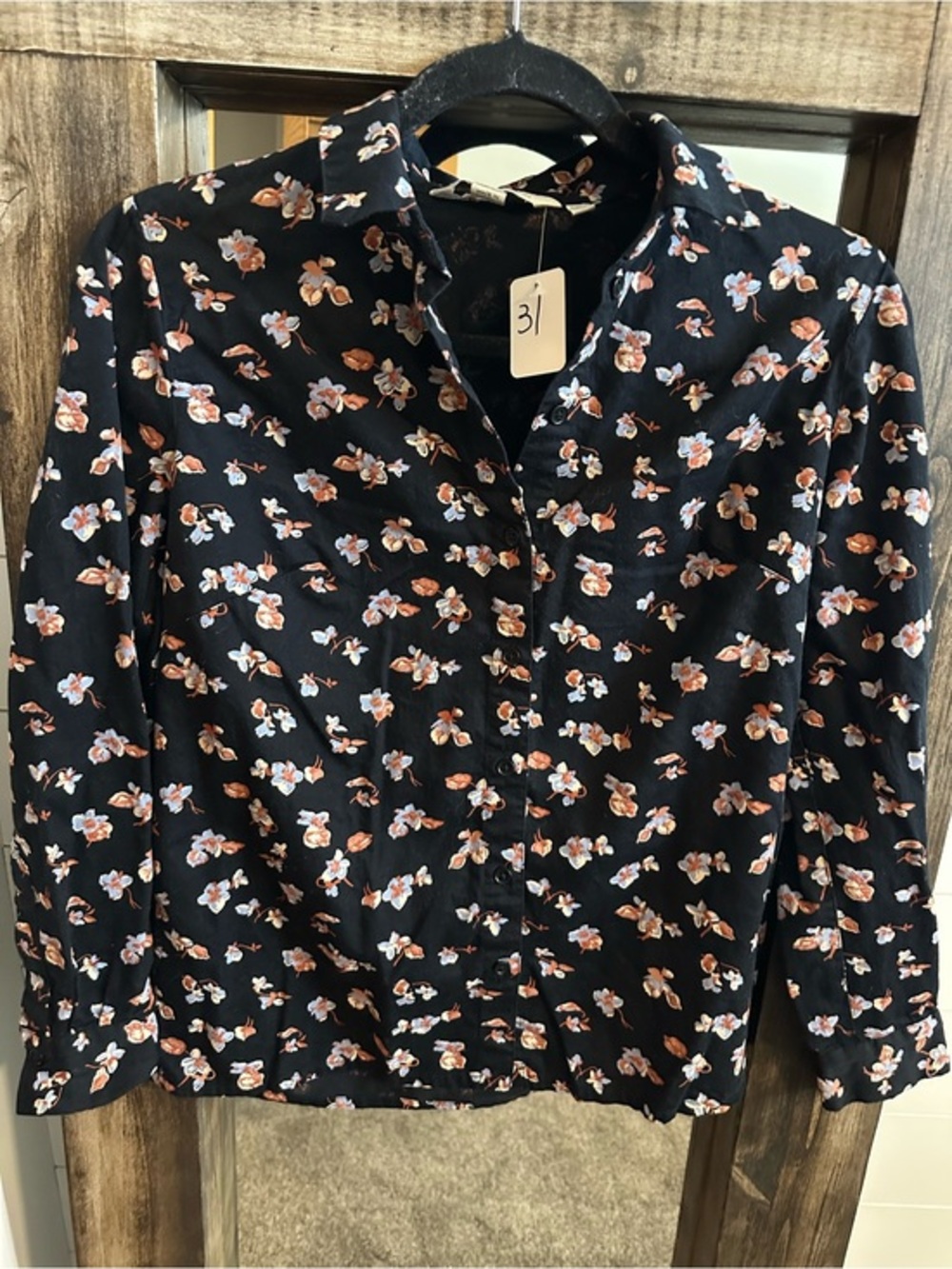 People Tree Organic Cotton Floral Button Up Shirt Black Long Sleeve US 4 Women’s
